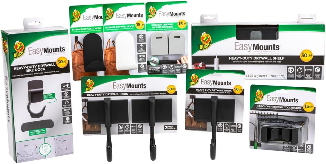 imageDuck EasyMounts Garage Organization Kit  2 Heavy Duty Hooks and 1 Mop ampamp Broom Holder  Wall Mount Hanging Storage  No Tool Drywall Install  Black Includes All Hanging HardwareDrywall Shelf