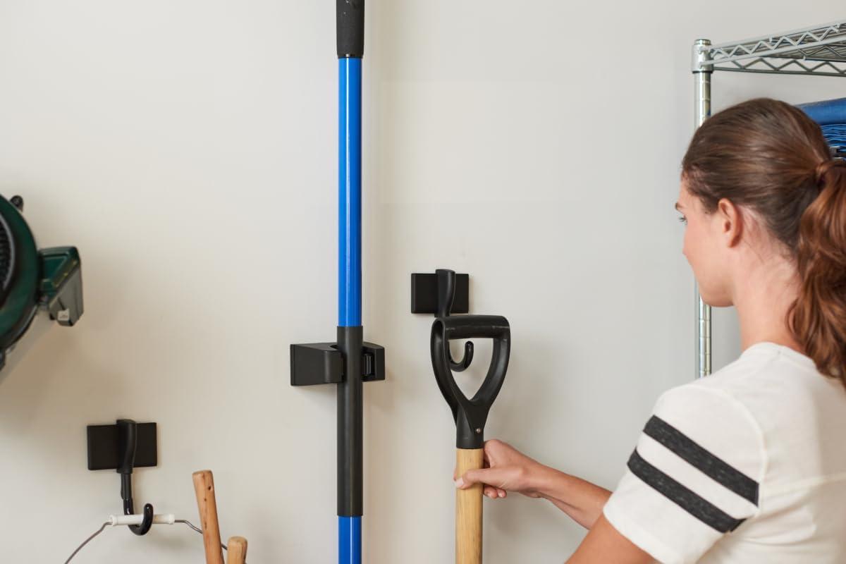 imageDuck EasyMounts Garage Organization Kit  2 Heavy Duty Hooks and 1 Mop ampamp Broom Holder  Wall Mount Hanging Storage  No Tool Drywall Install  Black Includes All Hanging HardwareTool Holder
