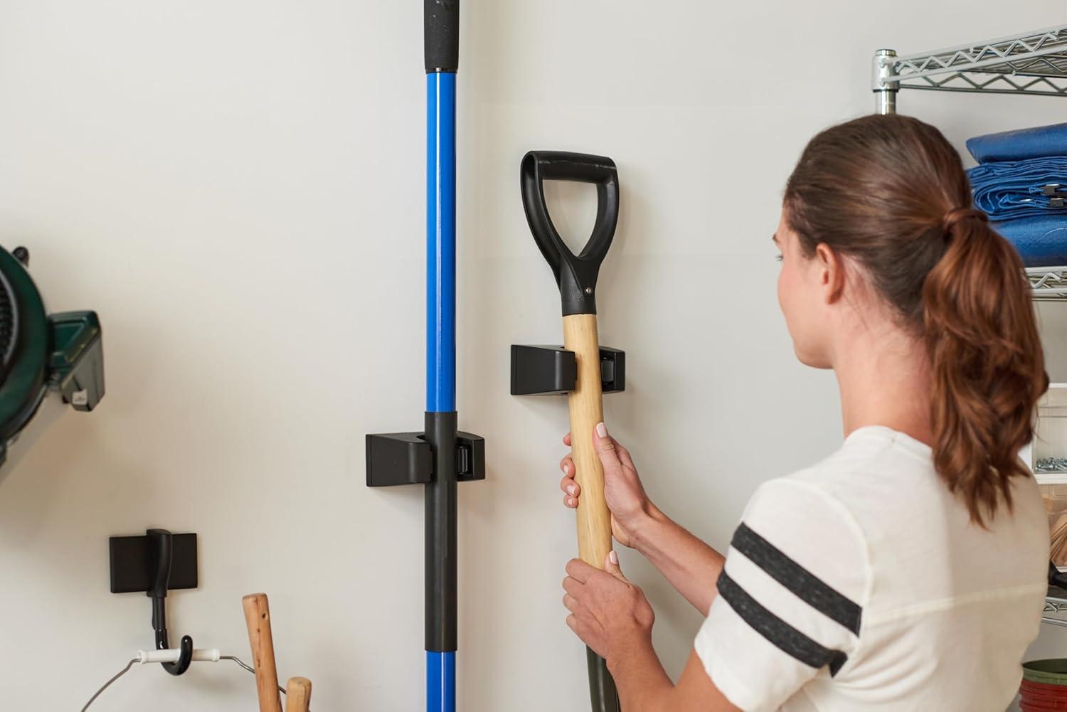 imageDuck EasyMounts Garage Organization Kit  2 Heavy Duty Hooks and 1 Mop ampamp Broom Holder  Wall Mount Hanging Storage  No Tool Drywall Install  Black Includes All Hanging HardwareHook