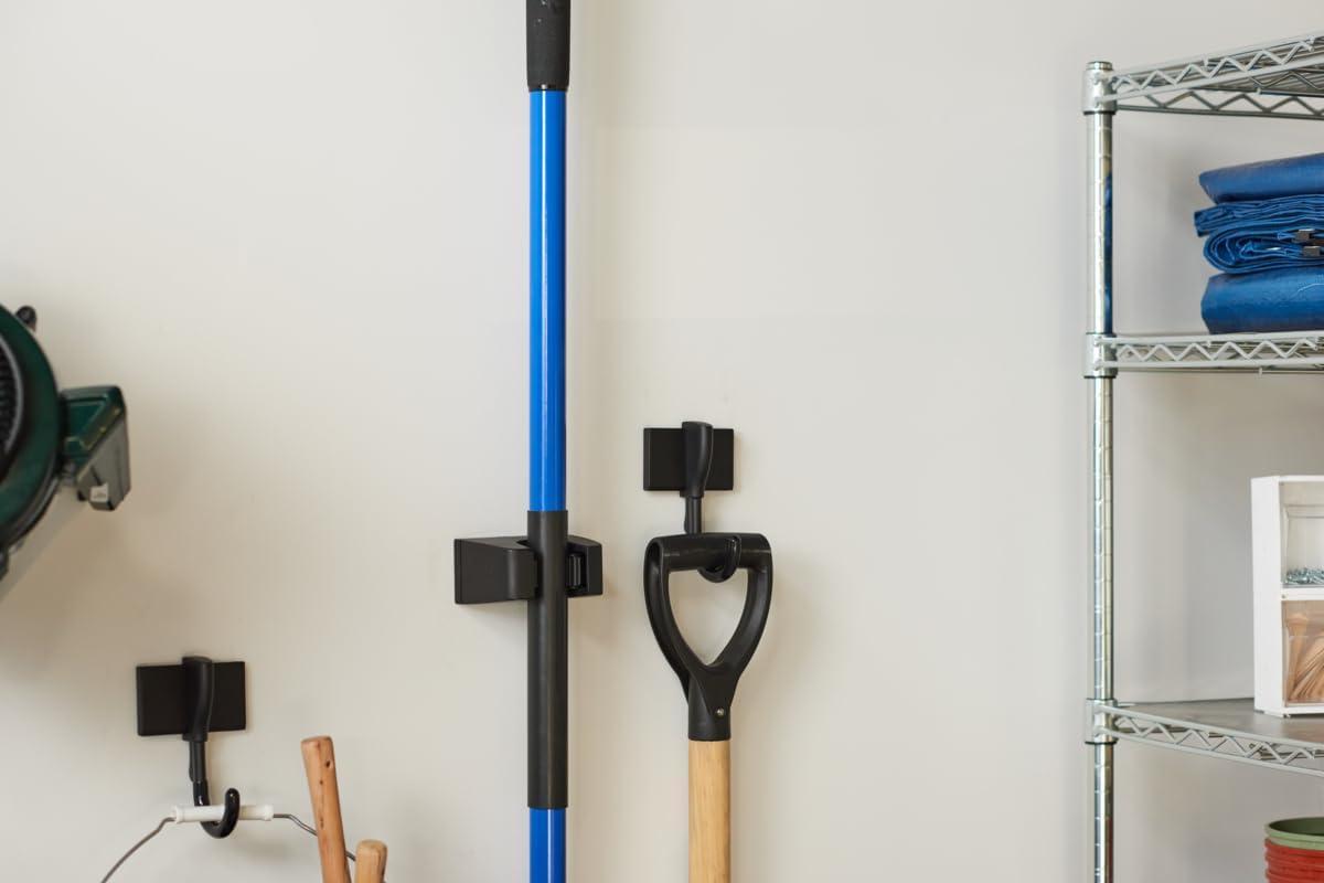 imageDuck EasyMounts Garage Organization Kit  2 Heavy Duty Hooks and 1 Mop ampamp Broom Holder  Wall Mount Hanging Storage  No Tool Drywall Install  Black Includes All Hanging HardwareTool Holder