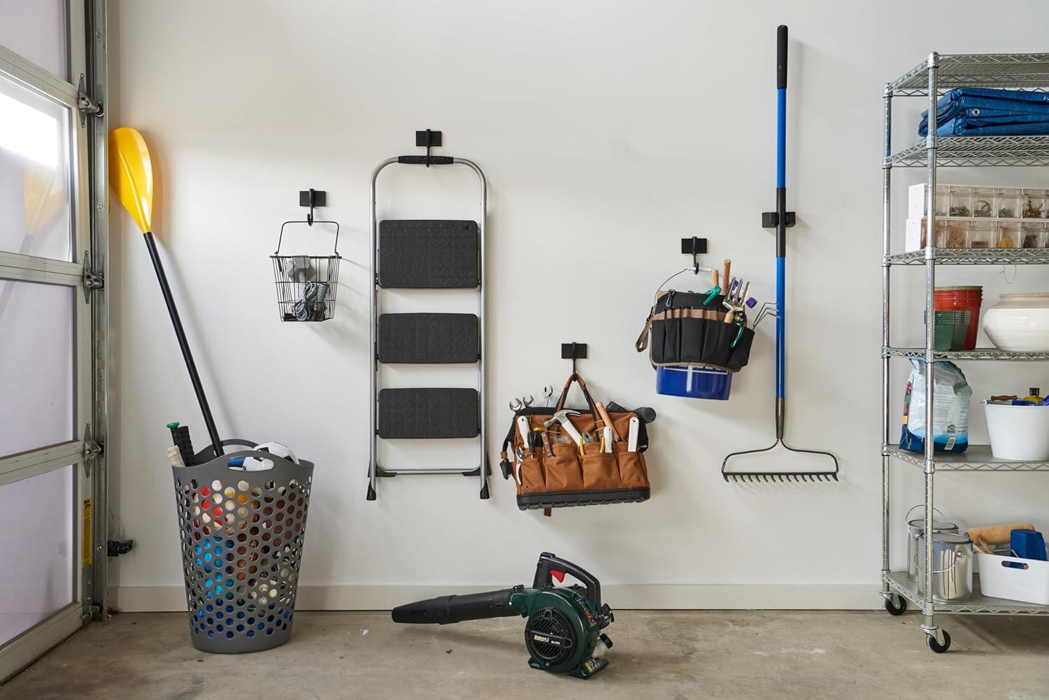 imageDuck EasyMounts Garage Organization Kit  2 Heavy Duty Hooks and 1 Mop ampamp Broom Holder  Wall Mount Hanging Storage  No Tool Drywall Install  Black Includes All Hanging HardwareHook  Tool Holder