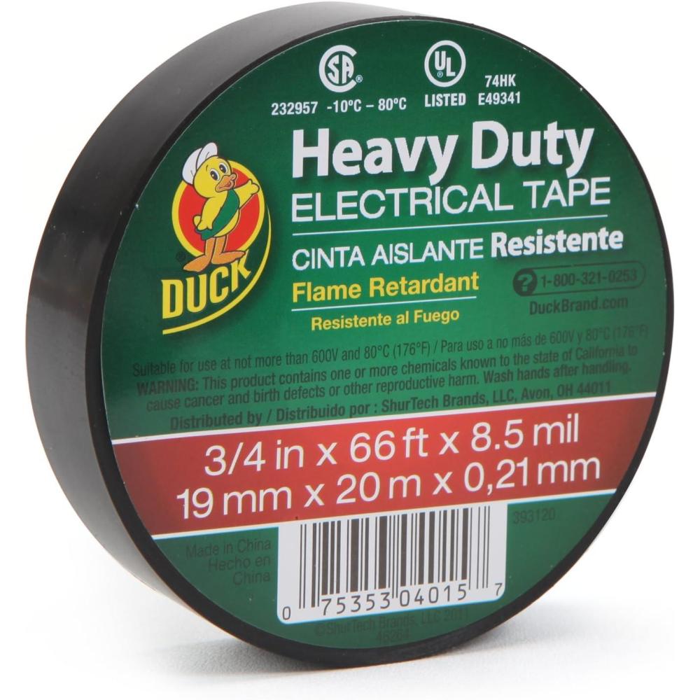 imageDuck Brand Heavy Duty Electrical Tape 075Inch x 66Feet Single Wrapped Roll Black 393120Black Wrapped Single