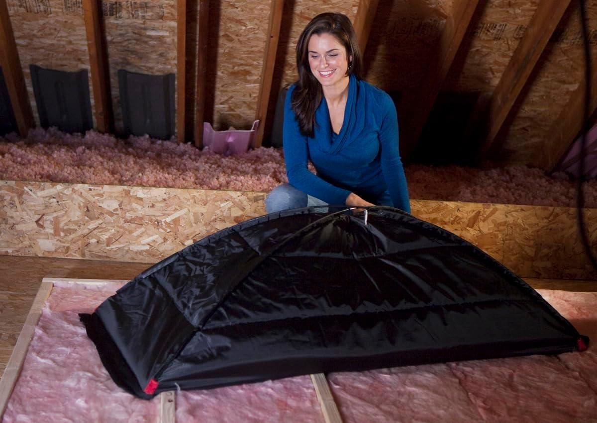 imageDuck Brand Stairway Attic Cover Energy Saving Attic Insulation Cover Fits Openings up to 255 Inches by 54 Inches for YearRound Weatherization Black 286209