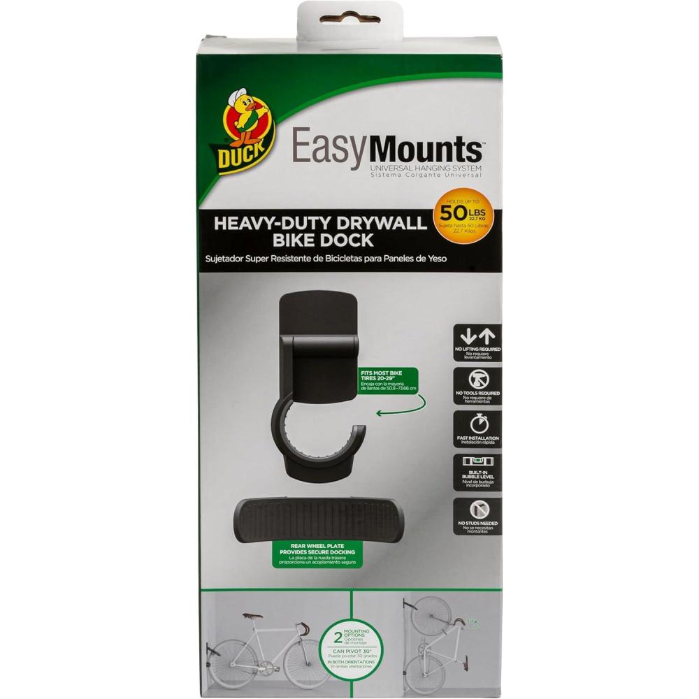 imageDuck EasyMounts Garage Organization Kit  2 Heavy Duty Hooks and 1 Mop ampamp Broom Holder  Wall Mount Hanging Storage  No Tool Drywall Install  Black Includes All Hanging HardwareBike Dock