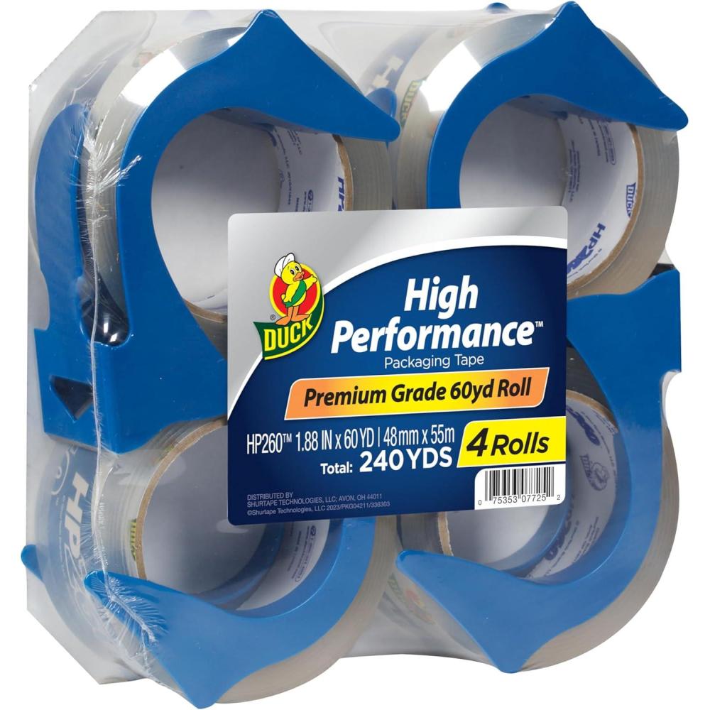 imageDuck High Performance Clear Packing Tape Dispensers  4 Rolls of HP260 Strong Packaging Tape for Shipping Moving Mailing ampamp Storage Boxes  3quot Core 188 Inch x 60 Yards Clear 847667