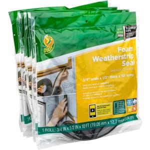 imageDuck Brand Self Adhesive Foam Weatherstrip Seal for Extra Large Gaps 30 Total Feet Window and Door Seal Strip Foam Tape 34Inch Wide x 12Inch Thick x 10Feet Long 3 Rolls Charcoal 2844246 Rolls