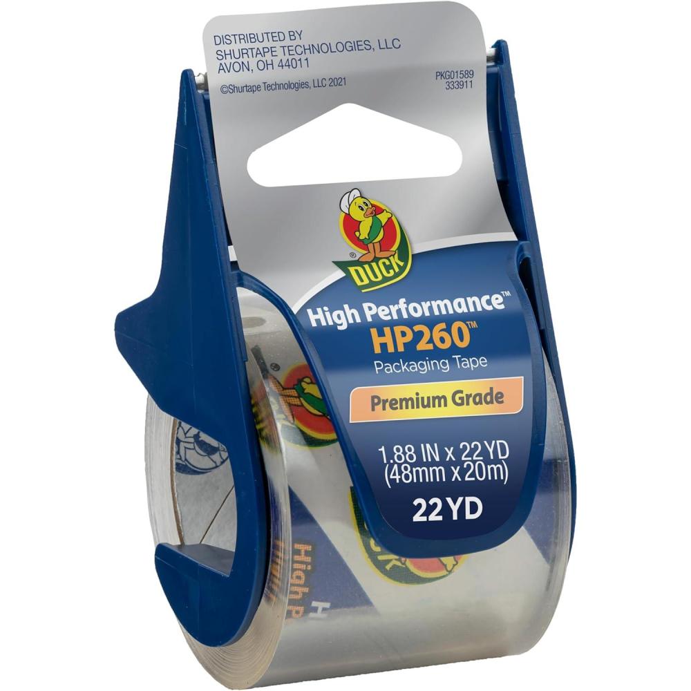 imageDuck Brand High Performance Packaging Tape with Dispenser  HP260 Strong Packaging Tape Gun for Shipping Moving Mailing ampamp Boxes  188 Inches x 222 Yards  15quot Core  Clear 9203521 Roll  Dispenser Pack of 12